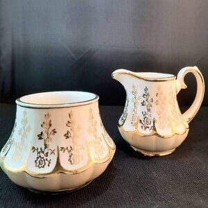 Sadler Cream & Gold Floral Lustreware Creamer and Sugar